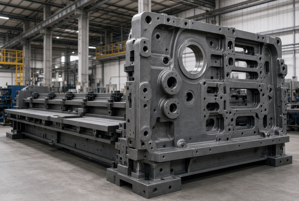 Large pressure-bearing frame and die platform of a flatbed die cutting machine highlighting structural scale and load path