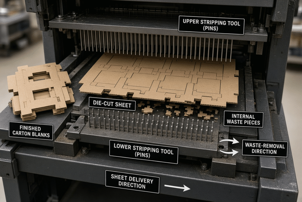 Technical view of a flatbed die-cutting stripping station showing die-cut sheet, internal waste, upper and lower stripping tools with pins, and waste-removal direction