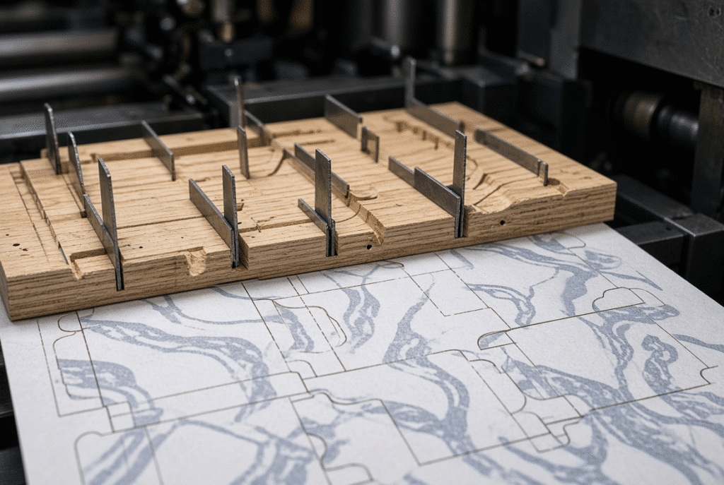 Cutting and creasing rules on a flatbed die board forming carton blanks from printed paperboard