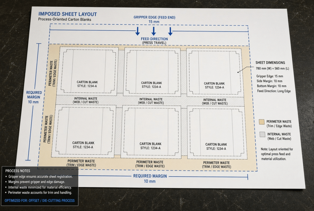 Process diagram of imposed sheet distinguishing gripper edge, required margin, feed direction, carton blanks, and waste areas