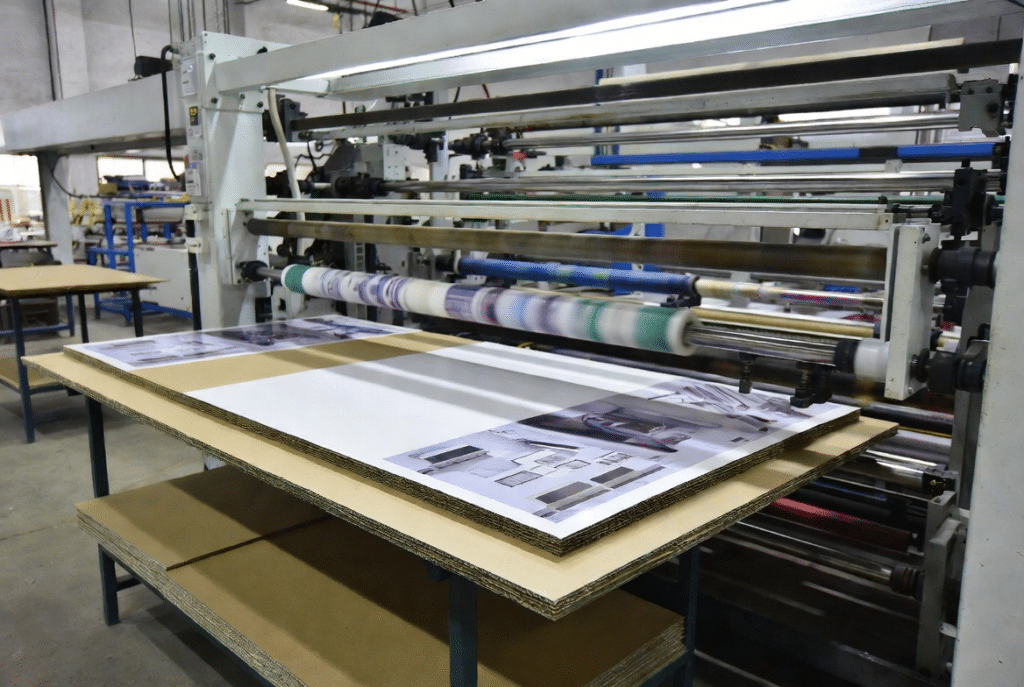 Industrial heavy-duty laminating machine processing oversized printed paper onto thick multi-wall corrugated board with visible feeder, support tables and large-format sheets for POP display production