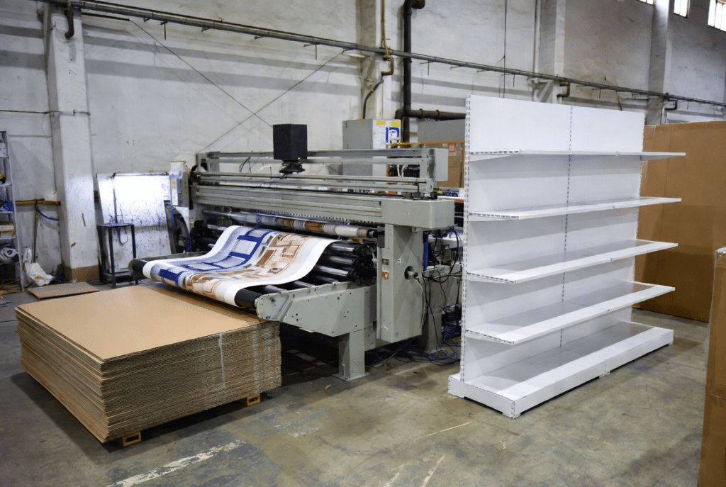 Professional factory view of a heavy-duty automatic laminating machine processing large printed corrugated sheets beside completed POP retail displays and oversized furniture packaging cartons, illustrating large-format lamination for furniture packaging and point-of-purchase display production