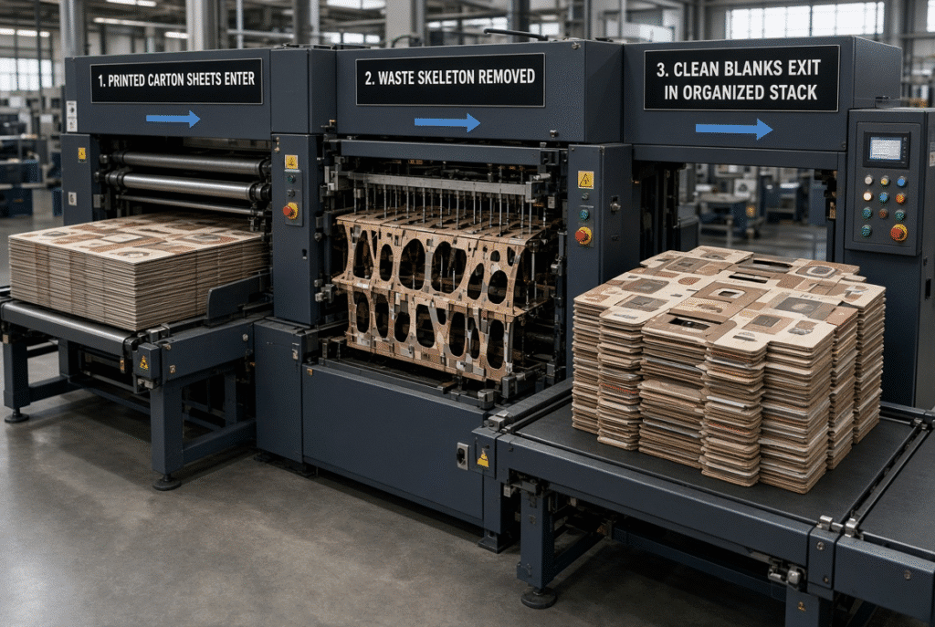 Automatic waste stripping improving folding carton production efficiency with separated blanks and organized delivery