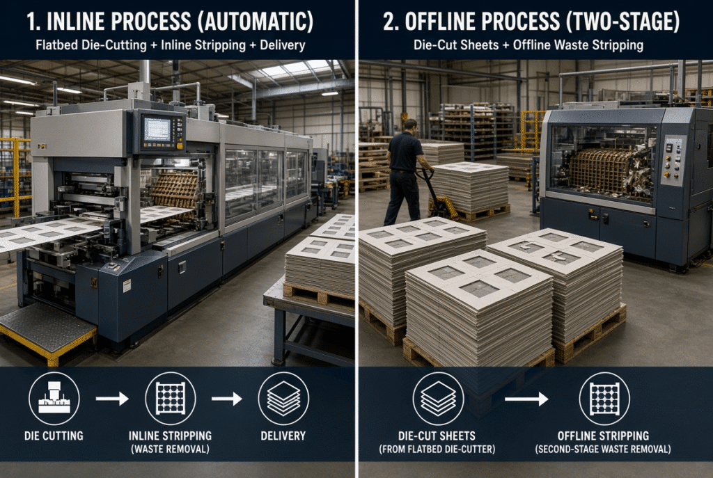 Side-by-side industrial view of integrated stripping on an automatic flatbed die cutter versus separate offline waste stripping of die-cut folding-carton sheets for packaging production decisions