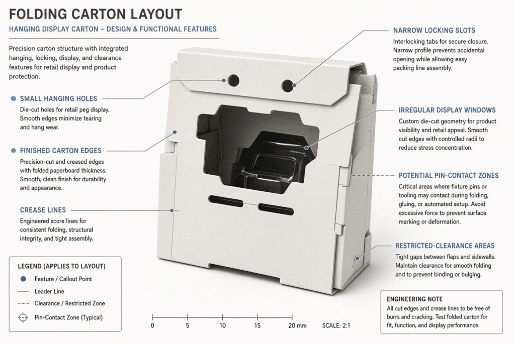Annotated carton layout showing small holes, narrow slots, irregular windows, crease lines, and potential stripping-pin contact zones