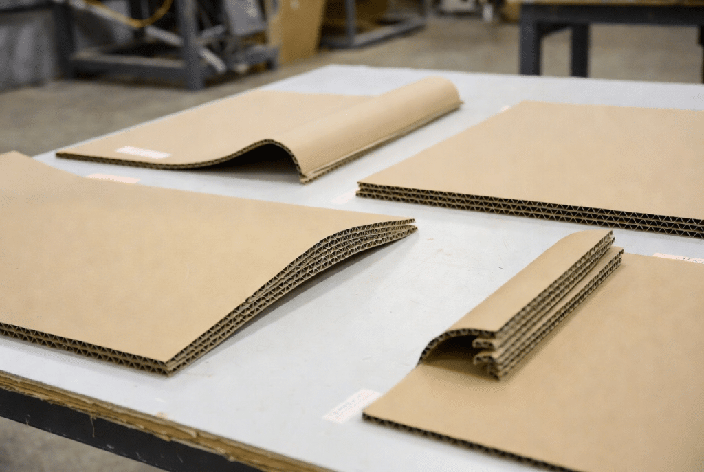 Technical inspection view of corrugated cardboard sheets displaying upwarp, downwarp, cross-machine warp, S-warp and edge curl on a workshop table for identifying moisture-related board deformation before and after lamination