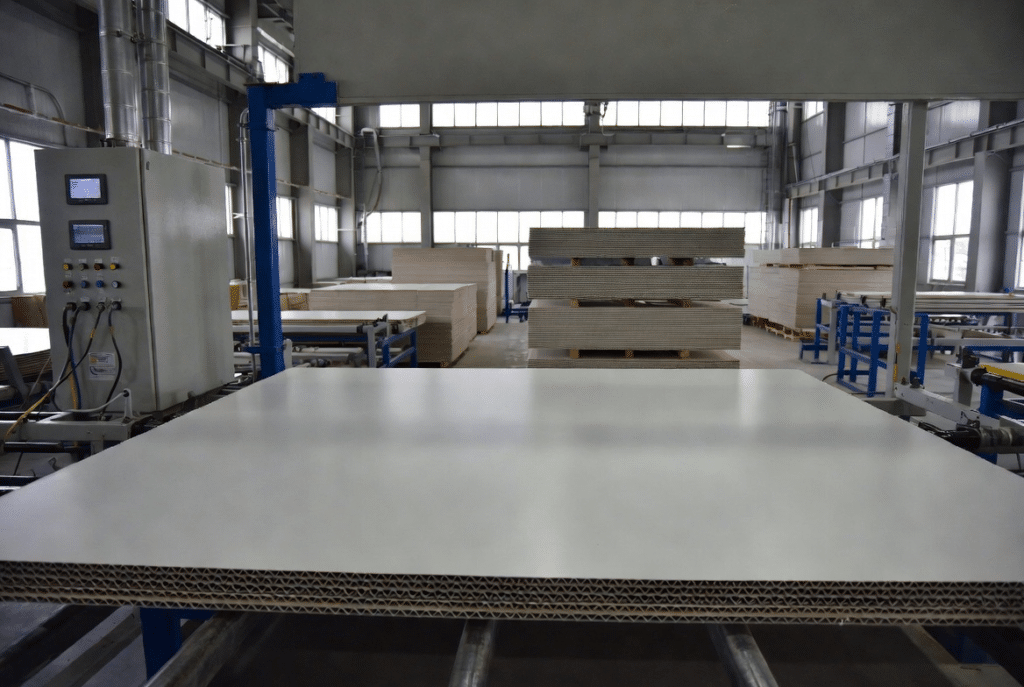 Industrial laminating plant view showing flat laminated corrugated sheets, temperature and relative humidity monitoring equipment, and controlled storage of finished board – illustrating humidity control to prevent warping before and after lamination