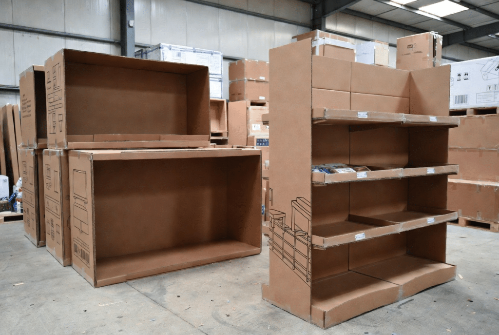 Oversized printed corrugated furniture cartons stacked on pallets next to a floor-standing laminated POP display with shelves and graphic panels showing the range of structural packaging applications that require heavy-duty laminating machines