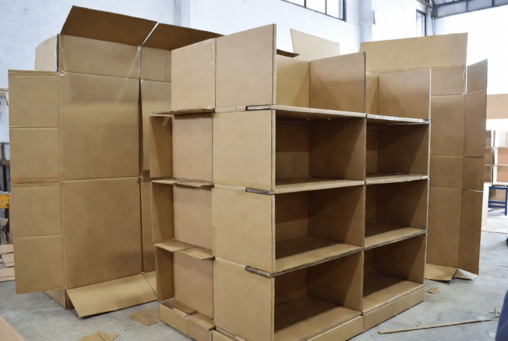 Finished floor-standing corrugated POP displays with shelves and printed laminated panels undergoing structural inspection alongside large furniture packaging cartons in a packaging plant