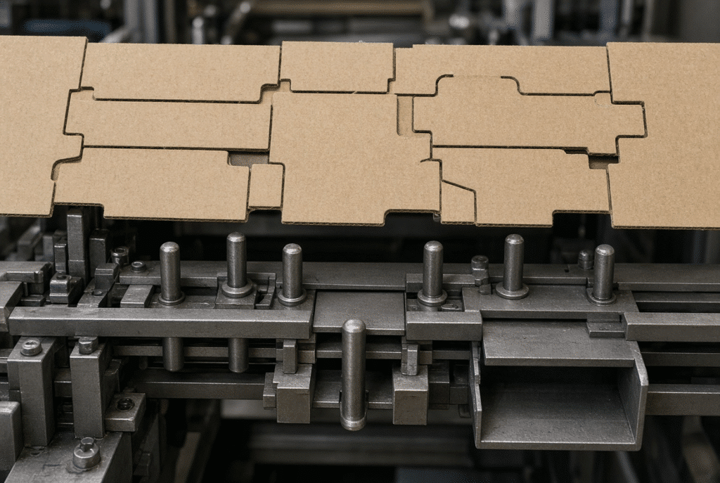 Lower stripping tooling with pins, support elements, and clearance openings guiding waste away from a die-cut carton sheet in automatic die cutting