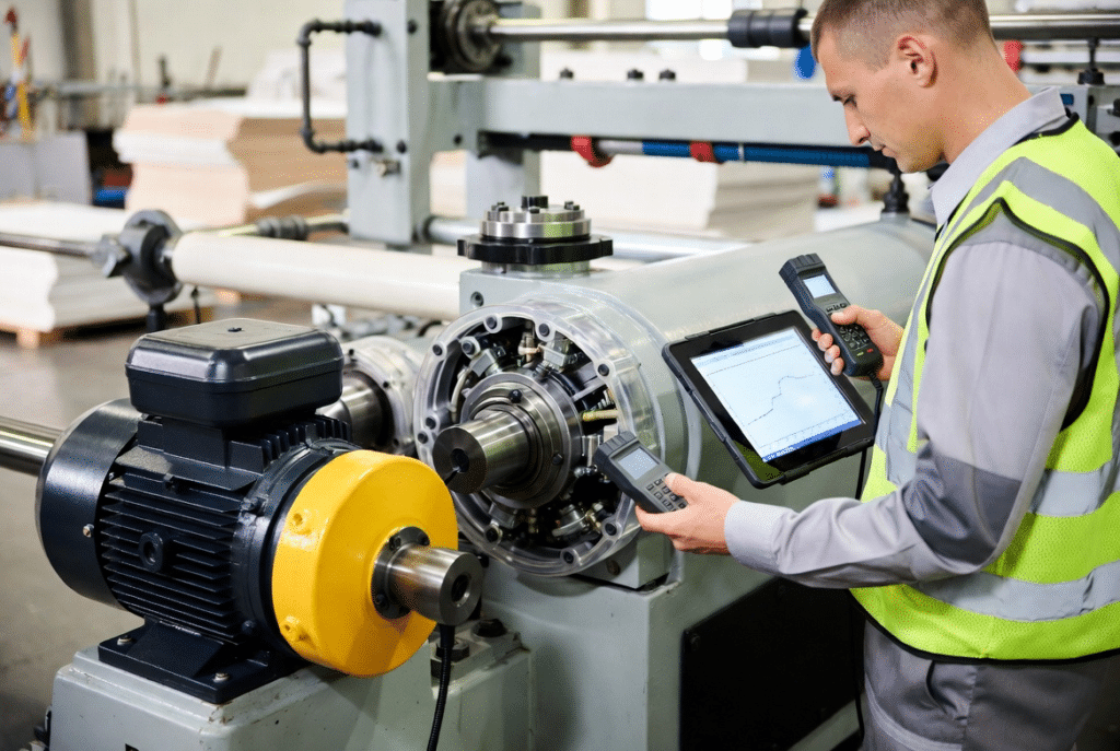 Industrial technician inspecting motor and bearing housing on automatic laminating machine while reviewing vibration trend on tablet, illustrating predictive maintenance for laminating machines