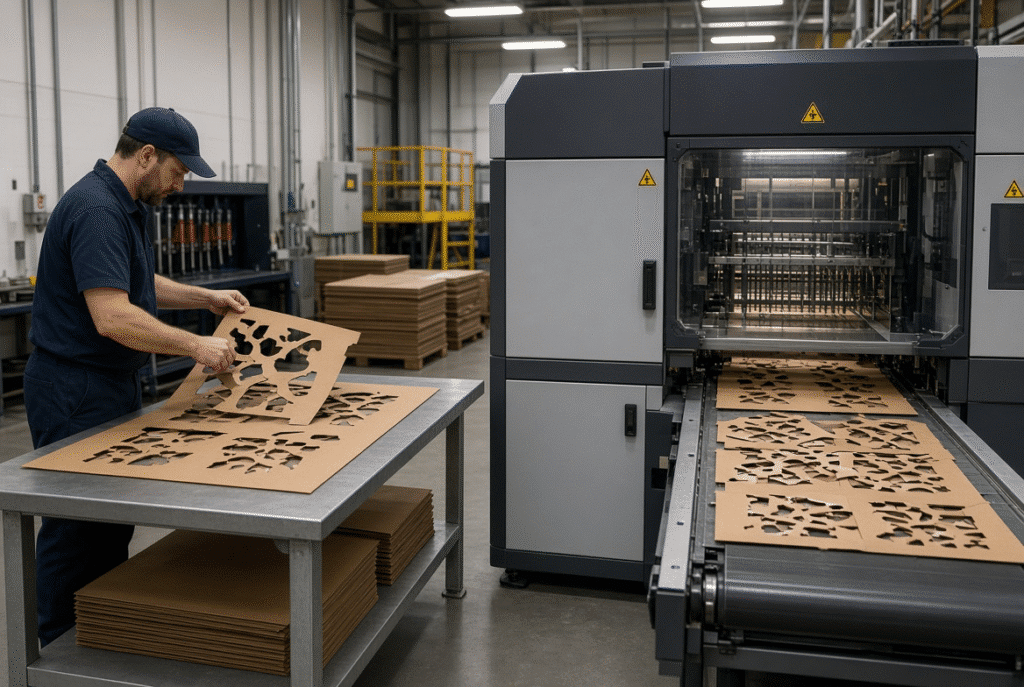 Side-by-side view of manual waste breakout and automatic waste stripping on a flatbed die-cutting machine for packaging sheets