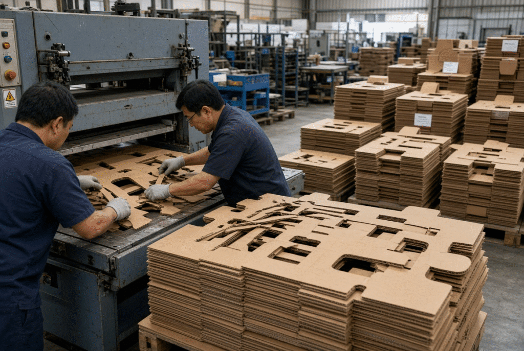 Packaging production workflow comparison showing manual waste removal beside unfinished sheets and integrated automatic stripping delivering clean finished blanks on a flatbed die-cutting machine
