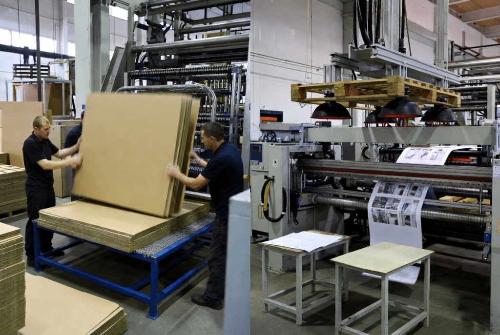Side-by-side view of operators manually lifting and aligning corrugated sheets next to an automatic suction feeder delivering printed sheets on a modern laminating machine in a packaging plant