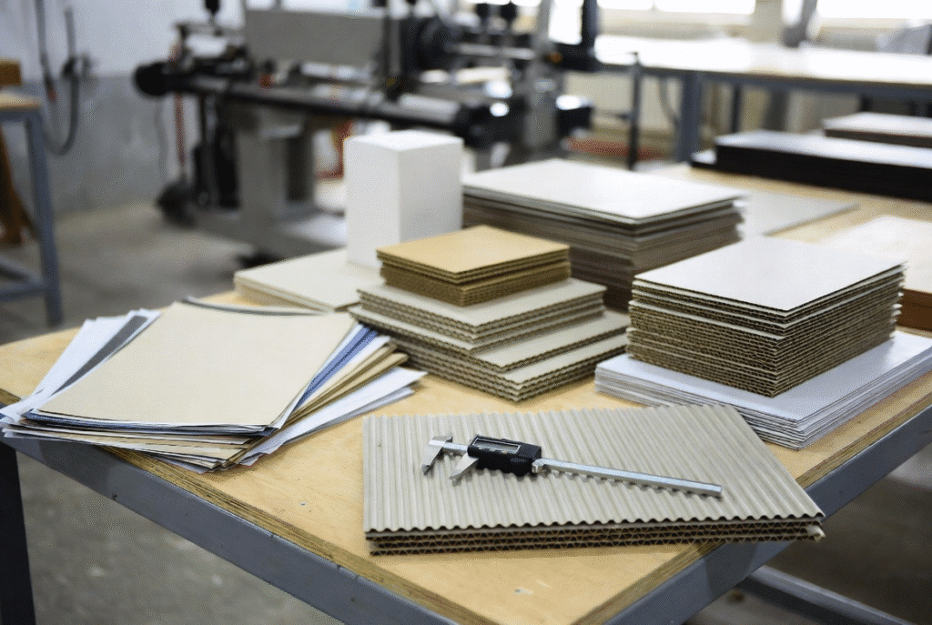 Assorted corrugated board, paper sheets and laminated packaging samples with digital caliper arranged on industrial workbench for defining material range in RFQ for automatic laminating machine