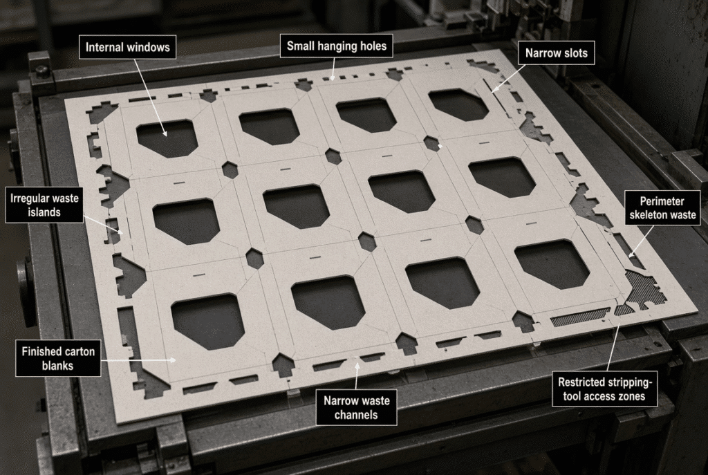 Imposed sheet of complex folding cartons with labeled windows, hanging holes, narrow slots, irregular waste islands, finished blanks, narrow waste channels and restricted stripping-tool access zones on a flatbed die-cutting press