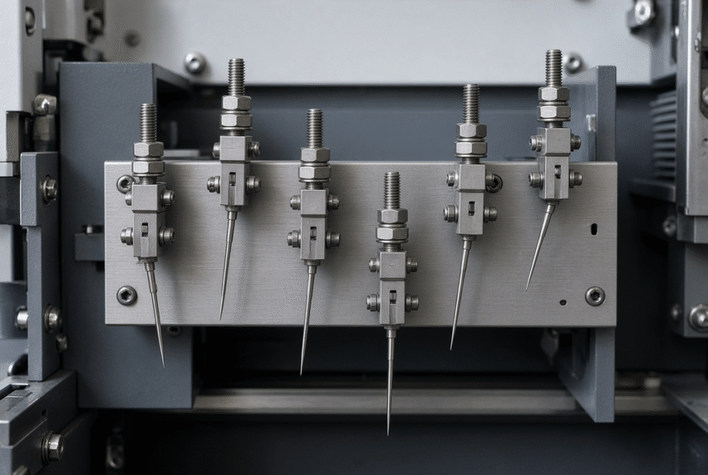 Close-up of a needle waste stripping frame showing adjustable steel needles positioned for selective internal waste removal