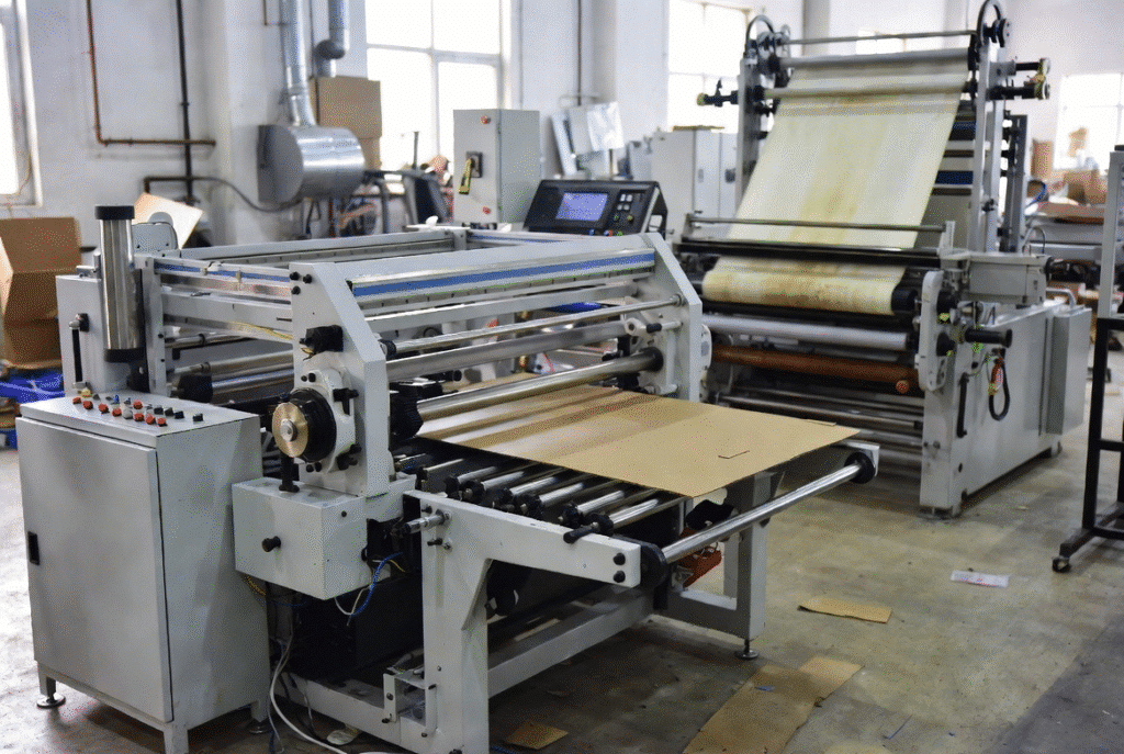 Modern fully automatic laminating machine standing clean beside an older used unit showing natural wear on feed belts and glue rollers inside a packaging factory for realistic new vs used equipment comparison