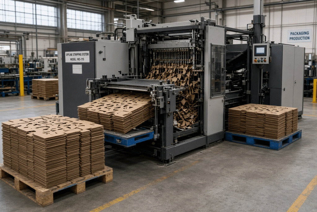 Separate offline waste stripping machine feeding and stripping stacks of already die-cut folding-carton sheets in a packaging plant