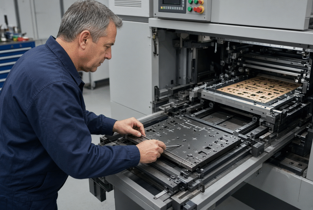 Operator setting up and aligning a stripping frame on an automatic flatbed die-cutting machine