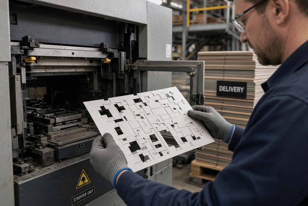 Operator installing or inspecting a stripping frame and checking waste removal completeness on an automatic die cutting machine in a packaging plant