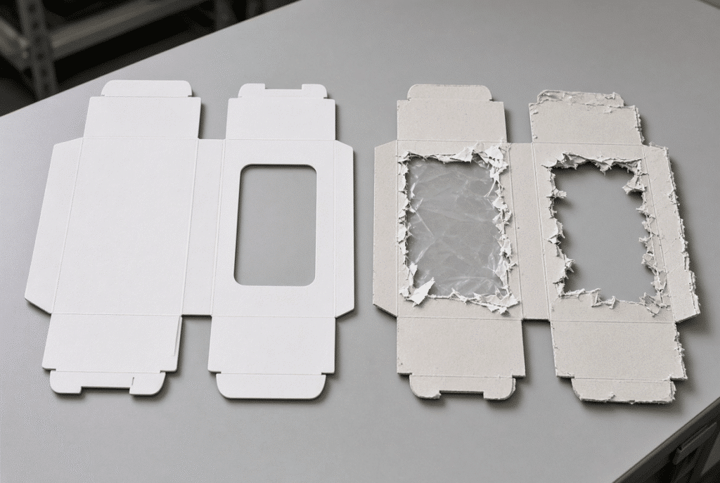 Production operator inspecting clean die-cut folding carton blanks and recording quality data before folding and gluing