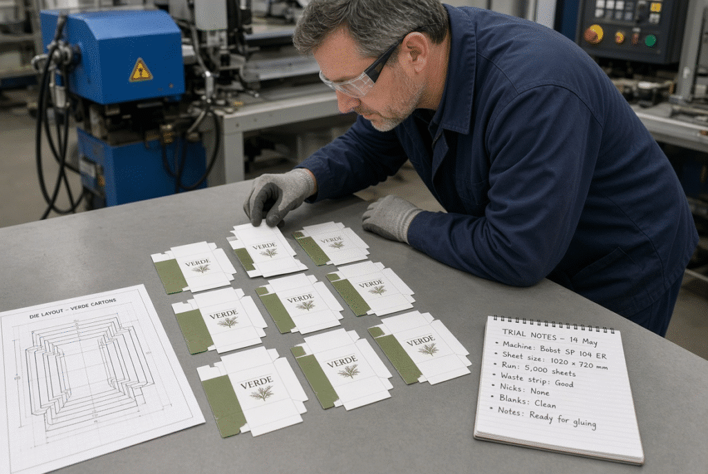 Operator examining finished folding-carton blanks and trial notes after plate or needle waste stripping sample testing