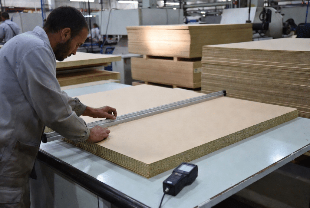Quality technician checking flatness and moisture of laminated corrugated board next to evenly supported finished stacks in a laminating plant inspection area