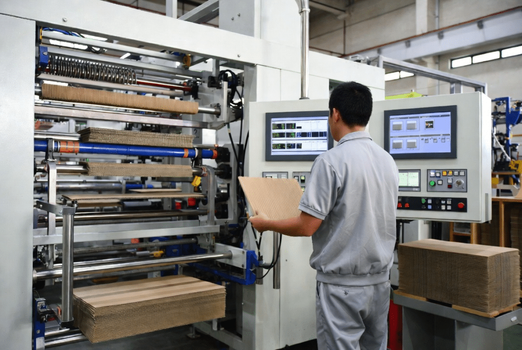 Packaging plant operator monitoring HMI controls and inspecting a laminated sample sheet while the automatic feeder and delivery section of the laminating machine run in the background