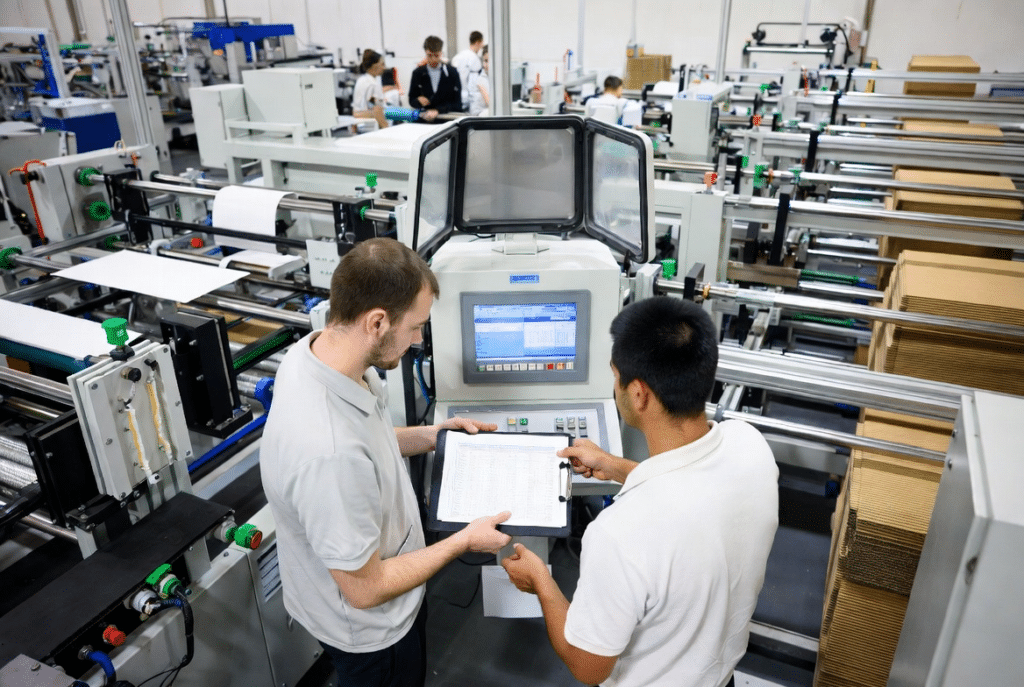 Technician and operator reviewing a setup checklist and inspecting the glue system and sensors of an automatic laminating machine during training in a realistic packaging workshop