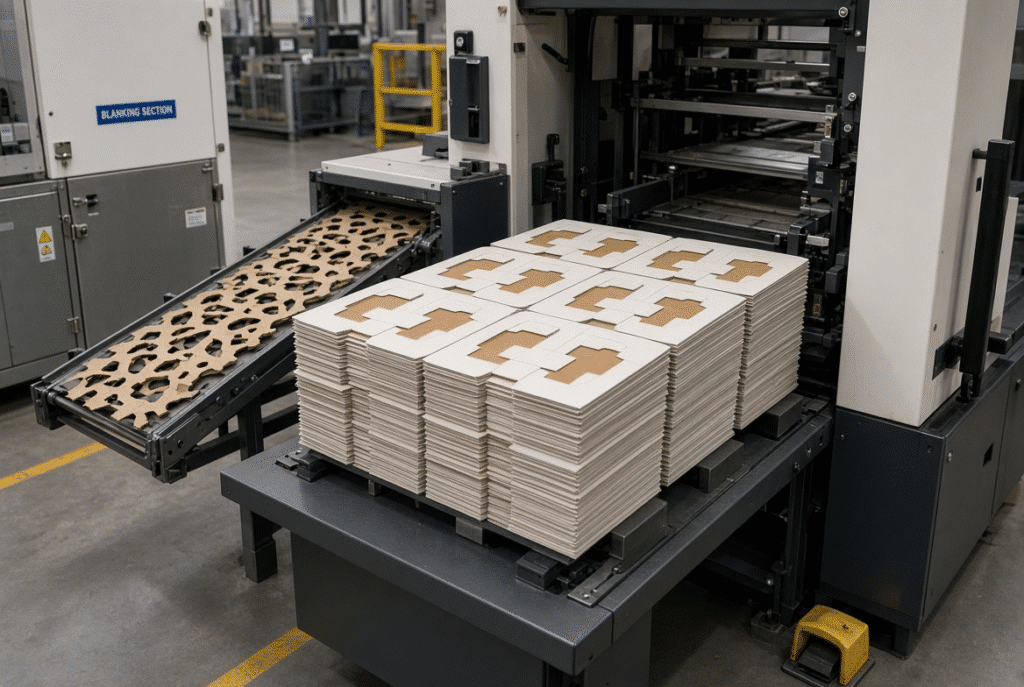 Neat stacks of individual finished carton blanks delivered from a blanking section while skeleton waste is handled separately in a packaging production environment
