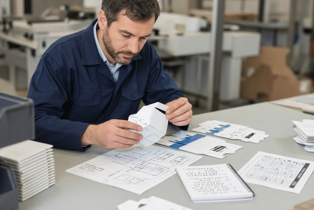 Packaging equipment buyer reviewing die layouts, carton blanks, and production records before selecting an automatic die cutting machine