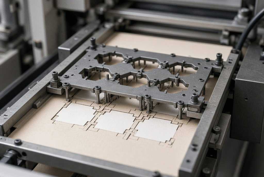 Close-up of a plate waste stripping frame contacting waste areas on a paperboard sheet inside an automatic flatbed die-cutting machine