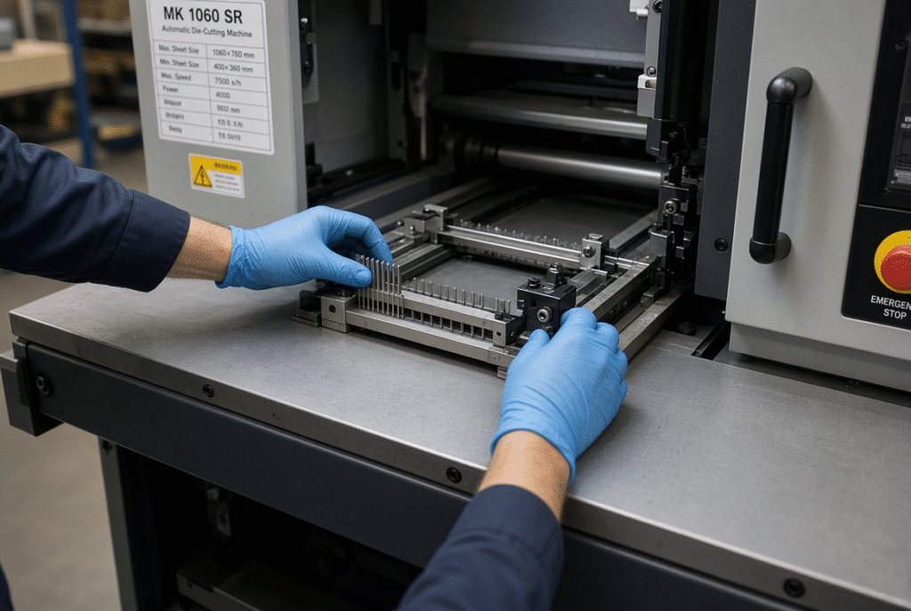 Operator installing plate or needle waste stripping frame on an automatic die cutting machine with stripping unit