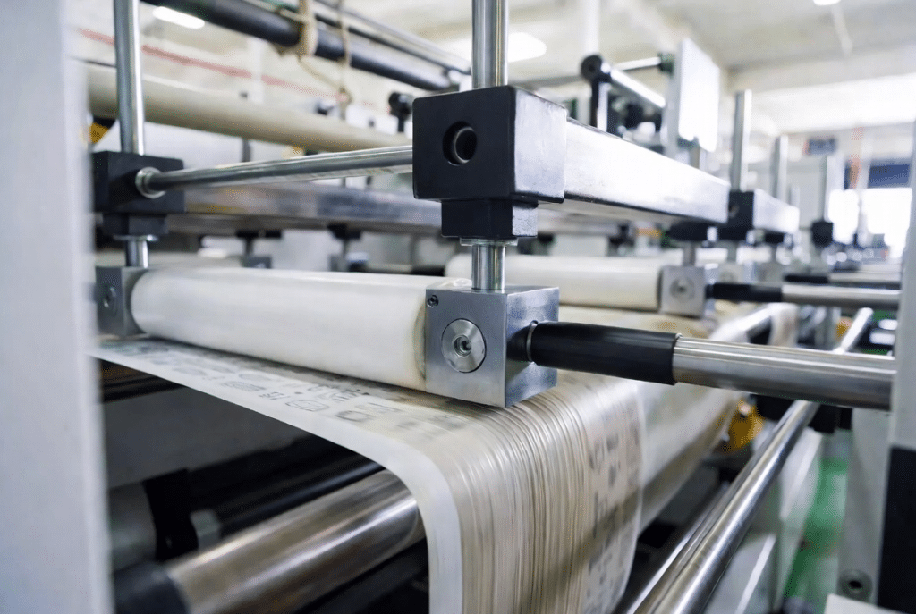 Close-up of clean metering rollers applying controlled adhesive layer to printed paperboard on an industrial laminating machine for sustainable packaging production