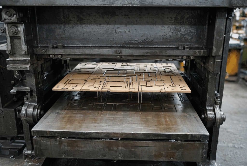 Annotated view of die board and pressure-bearing section showing how force is distributed across cutting rules in a flatbed die-cutting machine