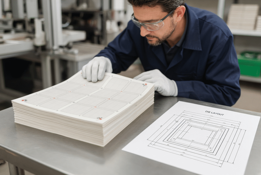 Stacked printed paperboard sheets and die layout being inspected before the die cutting and waste stripping process