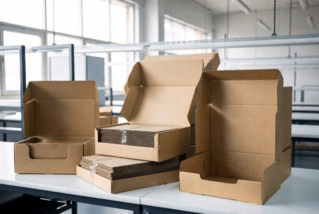 High-quality printed e-commerce mailer boxes with sharp full-color graphics next to shelf-ready trays and retail display cartons on a clean factory workbench, showing the range of formats produced with sheet-to-sheet lamination