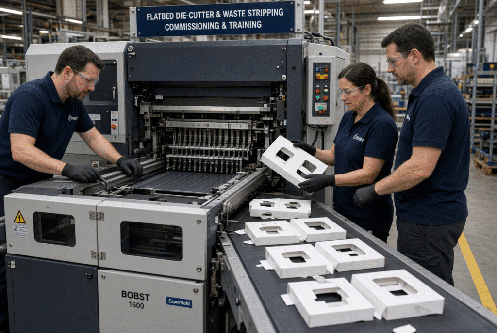 Production supervisor recording labor and quality data while inspecting finished packaging blanks during evaluation of an automatic waste stripping upgrade