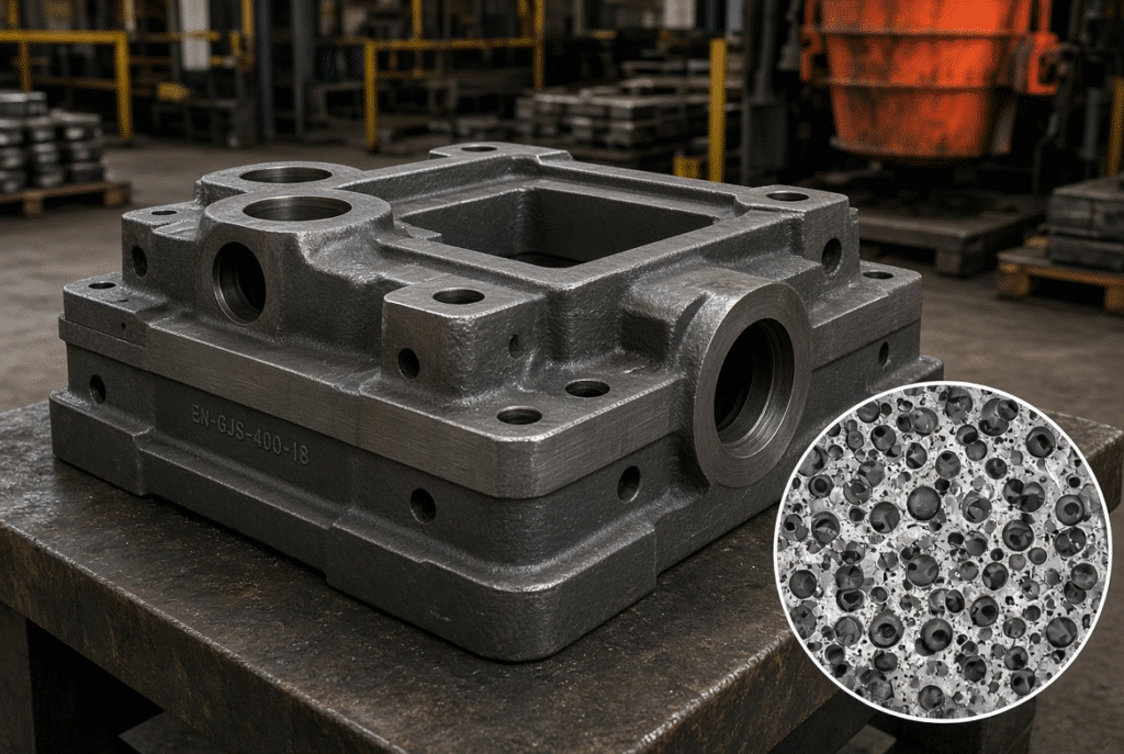 Heavy QT600-3 ductile iron pressure-bearing casting for a die cutting machine shown with a sectioned sample revealing nodular graphite microstructure