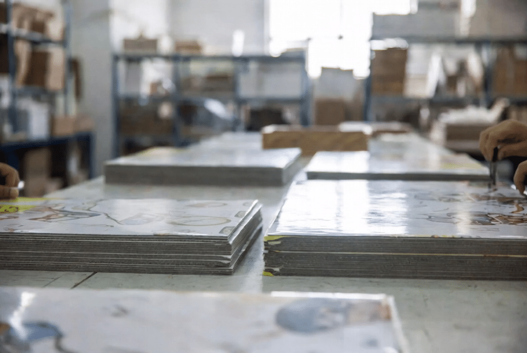 Production operator inspecting laminated printed carton board for curl, glue squeeze-out, and bond strength on a packaging plant inspection table