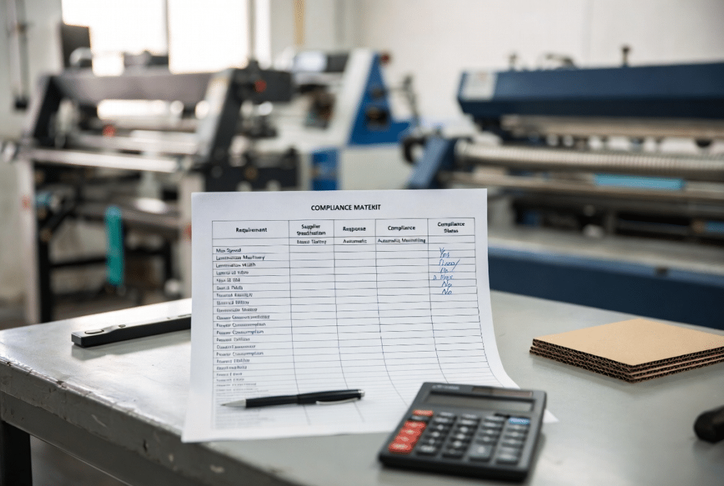 Printed RFQ compliance matrix document with supplier response columns on workshop desk beside calculator and corrugated samples for comparable quotations