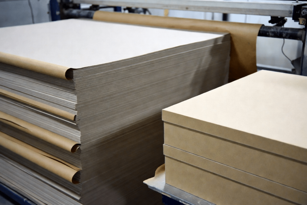 Professional factory view of decorative wrap paper applied to greyboard panels beside a finished rigid gift box, illustrating laminating solutions for gift box and rigid box manufacturing versus corrugated lines