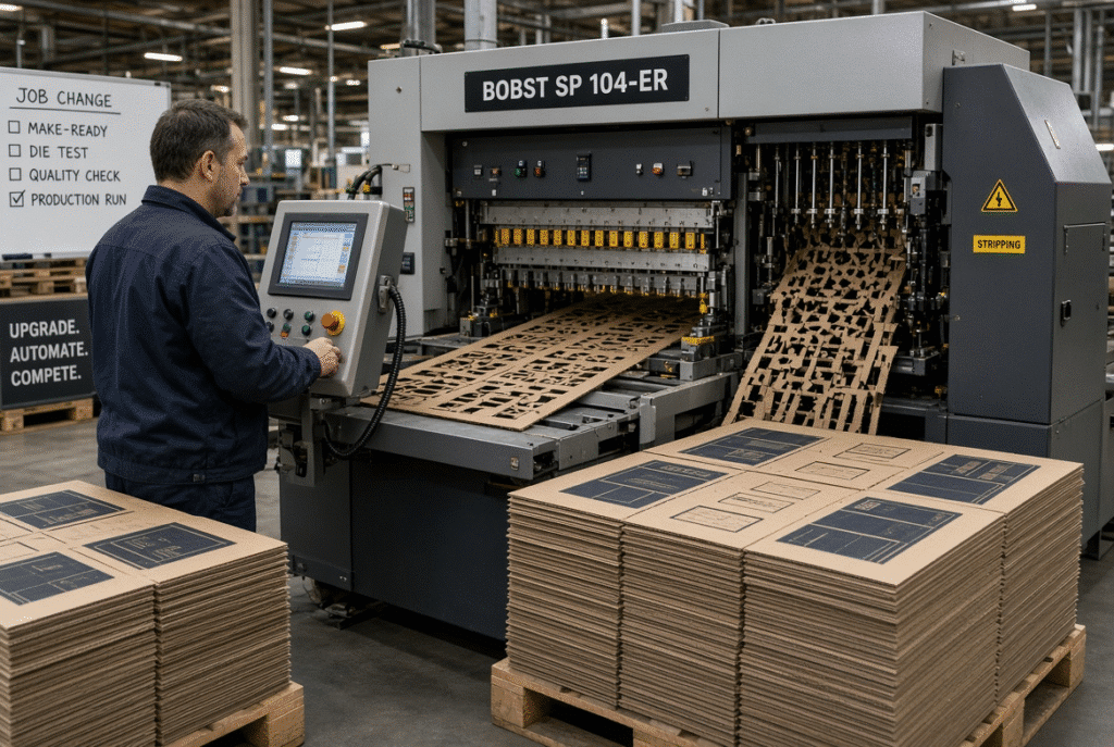 Technicians and operators commissioning a die cutting machine with automatic waste stripping, inspecting sample blanks for complete waste removal and clean internal openings