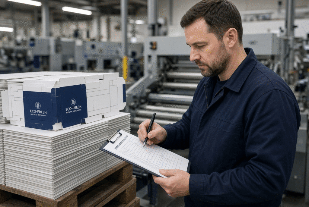 Operator verifying a finished folding carton blank against sample after stripping-tool setup on the production floor
