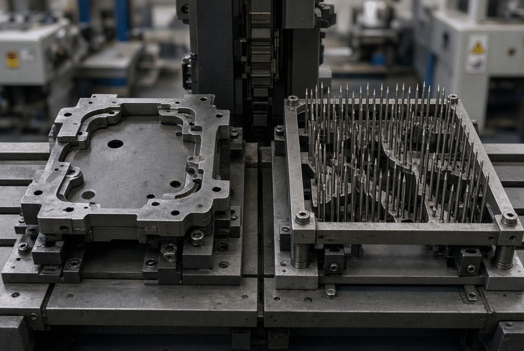 Operator and technician inspecting a finished folding-carton sample after trial run on an automatic die-cutting machine equipped with waste stripping