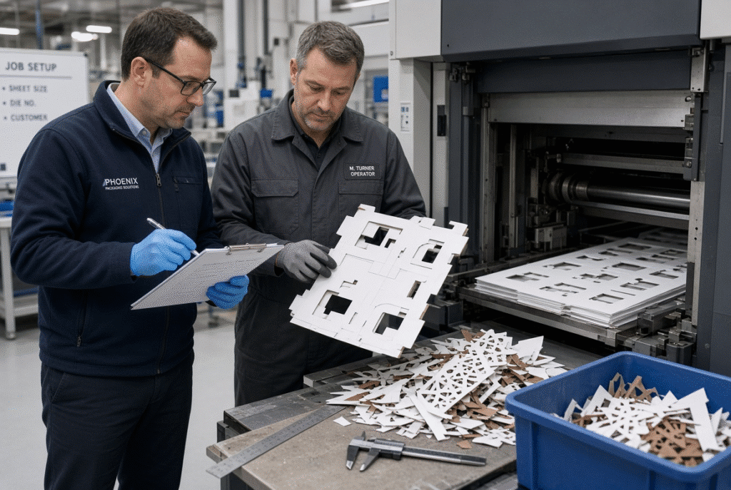 Engineer and operator inspecting die-cut blanks and waste during automatic versus manual waste-removal sample testing