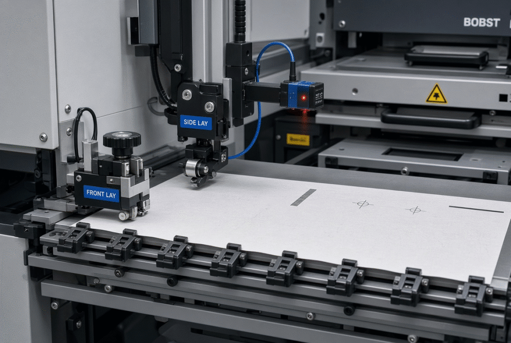 Front lay, side lay and gripper system positioning a printed sheet for accurate die cutting registration