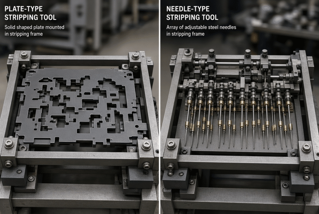 Comparison of plate-type and needle-type waste stripping tools used in automatic die-cutting machines for packaging production