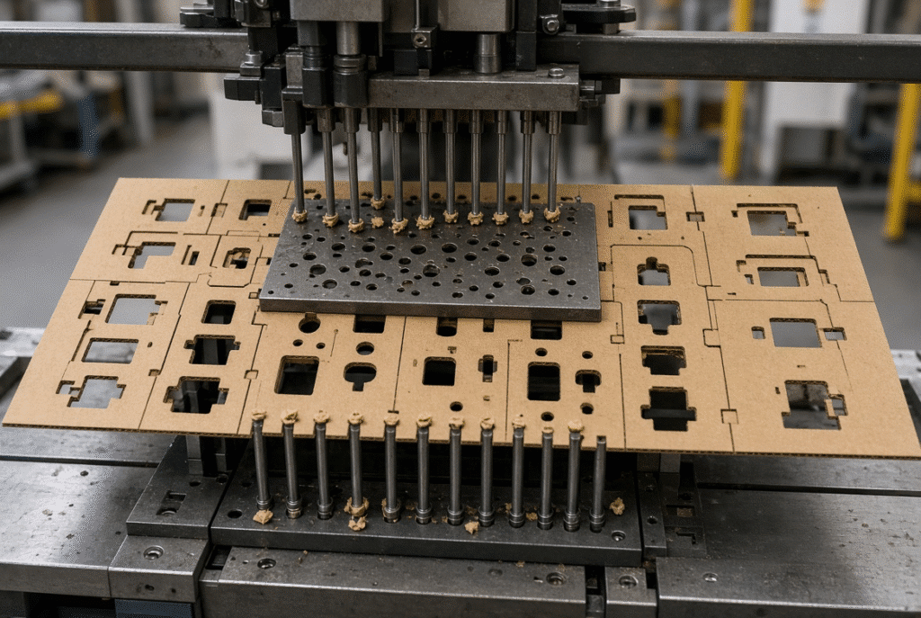 Die-cut folding-carton sheet with small internal holes being stripped by upper and lower pins on a flatbed die-cutting machine, showing waste pieces, finished carton areas and stripping board clearance